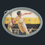 Hebilla Ovalada Partido del tenis de los dobles<br><div class="desc">Artista: Los hombres de la glorieta el | de Mauricio que juegan a tenis hacen juego ante una muchedumbre</div>