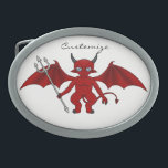Hebilla Ovalada Pequeño malvado malvado rojo<br><div class="desc">demonio rojo alado con una larga cola de púas sosteniendo una horquilla</div>