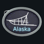 Hebilla Ovalada Perro<br><div class="desc">Una silueta blanca de un perro colgado en un fondo de estrellas. El texto que dice "Alaska" aparece en azul brillante y blanco.</div>