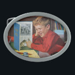 Hebilla Ovalada Rana en la biblioteca<br><div class="desc">Artista: Muchacho de Richard Sargent el | en la biblioteca,  rana ocultada en libro de historia</div>