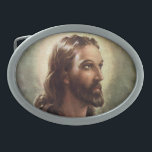 Hebilla Ovalada Religioso vintage, retrato de Jesucristo con Halo<br><div class="desc">Diseño de retratos de perfil de la religión ilustracion de época con Jesucristo. Jefe de Cristo. Este diseño pacífico muestra a un joven religioso,  Jesús,  con barba y llevando una bata sagrada,  su cabeza está rodeada por un aura,  un halo brillante.</div>