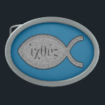 Hebilla Ovalada Símbolo cristiano de los pescados de IXOYE -<br><div class="desc">Símbolo de los pescados del texto de griego clásico IXOYE con una torsión moderna. Utilice el "personalizar él" botón (arriba) para personalizar su producto (ninguna carga.</div>