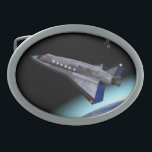 Hebilla Ovalada Transbordador espacial El Al Maslool<br><div class="desc">Por futuros astronautas judíos. Representación digital de una nave espacial El Al (la icónica aerolínea nacional de Israel) que entra en órbita. La Tierra se ve más abajo; una estación espacial flota a la distancia. Maslool es la palabra hebrea para "órbita"</div>