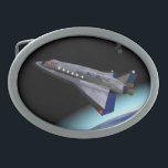 Hebilla Ovalada Transbordador espacial El Al Maslool<br><div class="desc">Por futuros astronautas judíos. Representación digital de una nave espacial El Al (la icónica aerolínea nacional de Israel) que entra en órbita. La Tierra se ve más abajo; una estación espacial flota a la distancia. Maslool es la palabra hebrea para "órbita"</div>