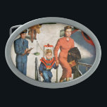 Hebilla Ovalada Viajero del espacio<br><div class="desc">Artista: El muchacho de los Amos Sewell el | en casco de espacio sube al aeroplano con la madre</div>
