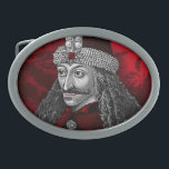 Hebilla Ovalada Vlad Drácula gótico<br><div class="desc">¡Retrato gótico del regla rumano histórico Vlad el impaler,  pedido del fondo del símbolo del dragón junto con una torsión de Transilvania roja sangre!</div>