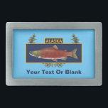 Hebilla Rectangular Insignia de pescador de combate Alaska<br><div class="desc">Basándose en un premio militar común, la Badge del pescador de combate conmemora la sobrevivencia de la pesca de combate en Alaska. Tiene un Salmón Sockeye, en una coloración roja desove, sobre un fondo azul oscuro, sobre una corona de rama de coníferas. El texto que dice "ALASKA" se encuentra en...</div>