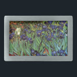 Hebilla Rectangular Irises de Vincent van Gogh, Arte de Jardín Vintage<br><div class="desc">Irises (1889) de Vincent van Gogh es un bello arte vintage post impresionsionismo paisaje floral con un jardín con iris morado barbudo cultivado por amapolas naranjas. Una sola flor blanca de iris está floreciendo al borde. Sobre el artista: Vincent Willem van Gogh (1853-1890) fue uno de los pintores más famosos...</div>