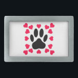 Hebilla Rectangular Papel de perro negro con formas cardíacas<br><div class="desc">Diseño original de una huella de pata de perro con formas cardíacas.</div>