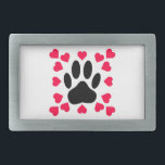 Hebilla Rectangular Papel de perro negro con formas cardíacas<br><div class="desc">Diseño original de una huella de pata de perro con formas cardíacas.</div>