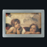 Hebilla Rectangular Sistine Madonna Angels por Raphael Sanzio<br><div class="desc">Sistine Madonna (detalle) (c. 1512-1514). Artista: Rafael Sanzio (1483-1520) o simplemente Rafael o Rafael. El Sistine Madonna (detalle) es un retrato religioso de arte fino del Renacimiento pintado con dos ángeles mirando hacia arriba hacia las nubes y el cielo.</div>