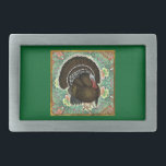 Hebilla Rectangular Turquía en los verdes<br><div class="desc">Este majestuoso pavo de bronce se ve genial en un lecho de verdes y flores... ¡y se sentirá genial dentro de ti este Día de Acción de Gracias!</div>