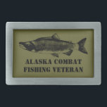 Hebilla Rectangular Veterano de la Pesca de Combate de Alaska<br><div class="desc">Dibujo en línea negra de un sokeye Salmon (Oncorhynchus nerka) con texto de personalizable que dice "Veterano de la pesca de combate de Alaska". La pesca del salmón en Alaska es muy popular, muy popular. Imaginen miles de pescadores, hombro a hombro, alineando ambos bancos de un arroyo tratando de evitar...</div>