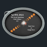 Hebilla total del cinturón de eclipse solar de 202<br><div class="desc">¿Planea ver el eclipse solar total de 2024? Entonces, que el mundo sepa que estarás ahí y que será increíble. Este diseño consiste en imágenes secuenciales de un eclipse solar total en progreso, mostrando el efecto de anillo de diamante en el centro, con la fecha "8 de abril de 2024"...</div>