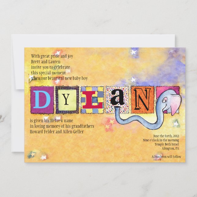 Hebreo de la invitación a apostar a bebé elefante  (Anverso)