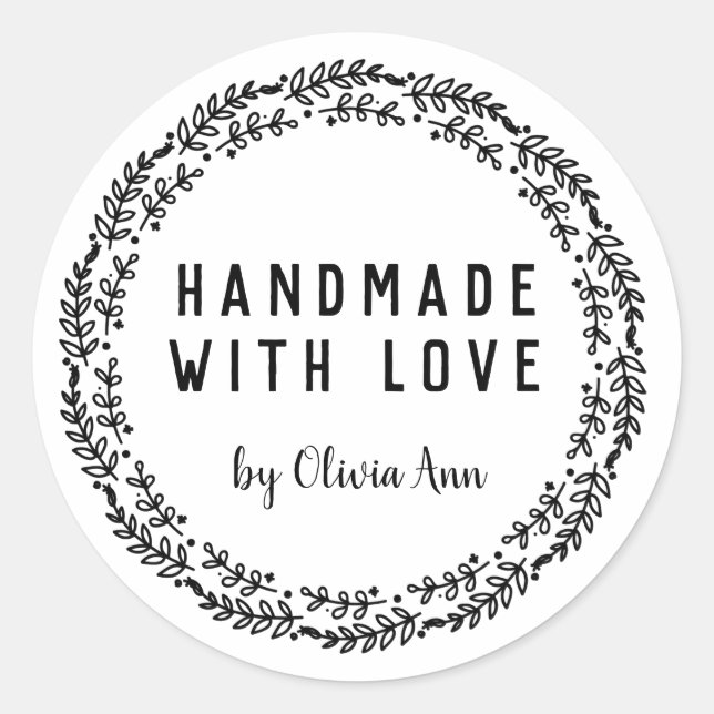 Hecho a mano con amor Laurel Pegatina personalizad (Anverso)