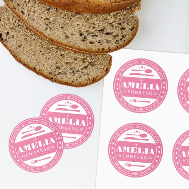 Hecho con amor Comida Regalo Pegatina kraft rosa (pink custom homemade treats gift sticker from the kitchen and made with love)