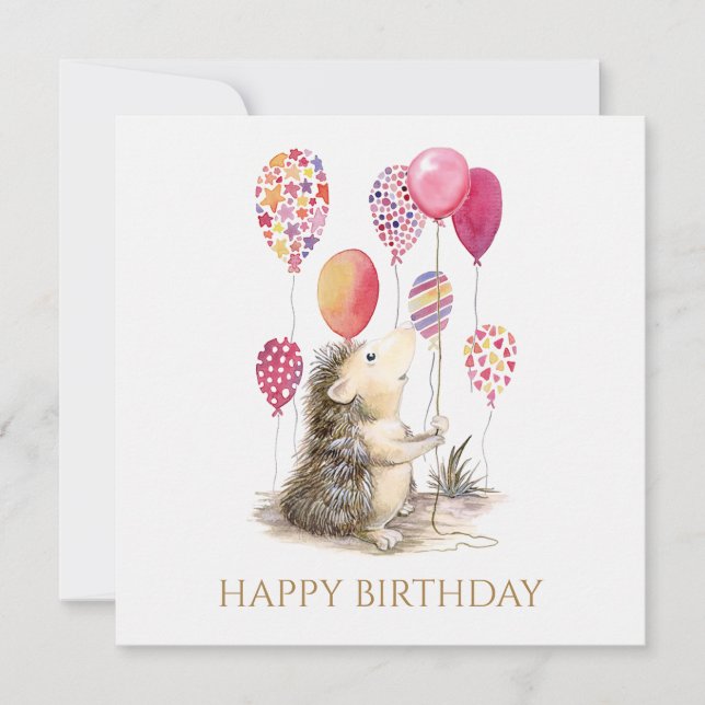Hedgehog con globos rosados Feliz cumpleaños (Anverso)