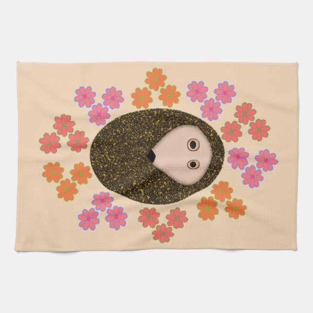 Hedgehog y toalla de cocina con flores (Horizontal)