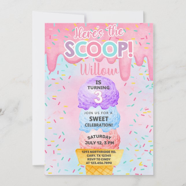 Helado aquí está la invitación de cumpleaños de la (Anverso)