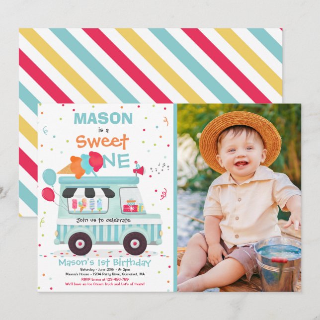 Helado Crema Dulce Cumpleaños Invitación Camión de (Anverso / Reverso)