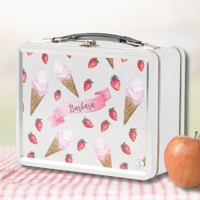 Helado de Fresa Dibujado a Mano Rosa Caprichoso (This hand-illustrated ice cream school lunch box promises that something yummy is inside!)