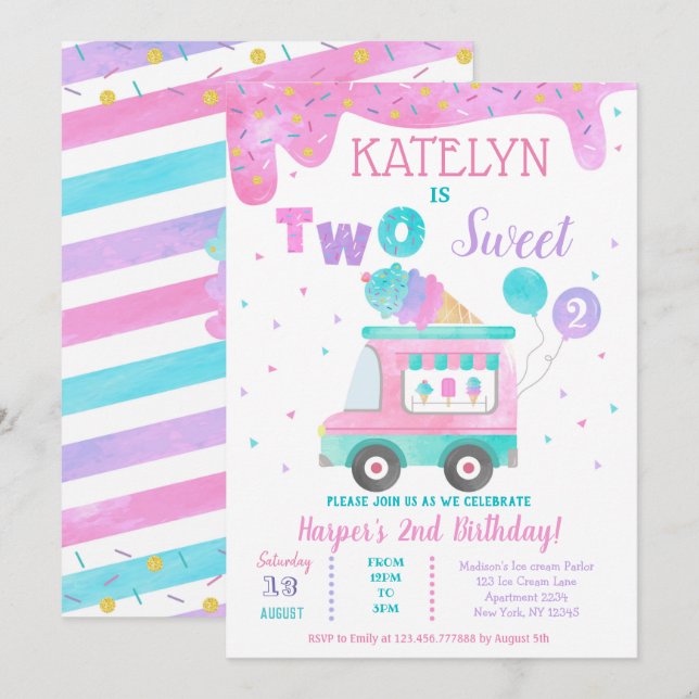 Helado Dos Dulces Invitaciones a Cumpleaños (Anverso / Reverso)