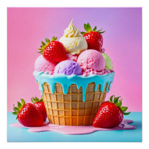 Helado dulce con fresas Poster brillante