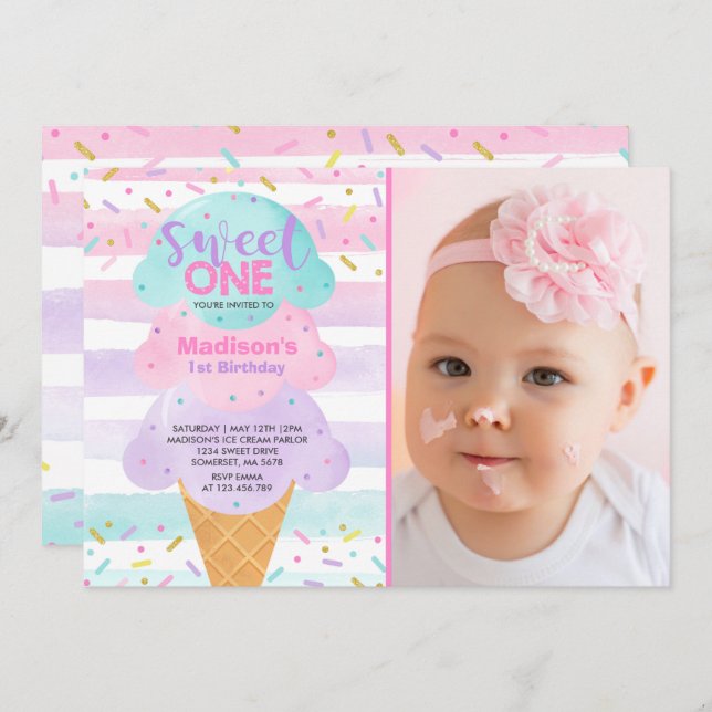 Helado Invitación Dulce Un Primer Cumpleaños (Anverso / Reverso)