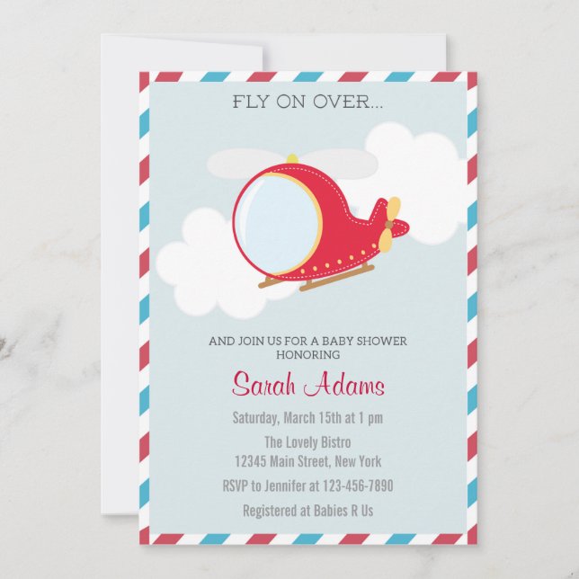 Helicóptero Baby Shower Invitación Azul Rojo (Anverso)