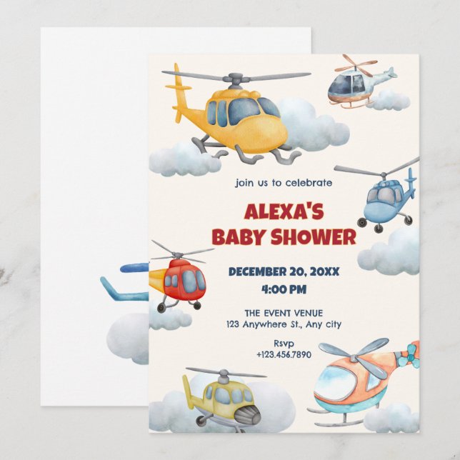 Helicóptero colorido ducha de bebé Invitación (Anverso / Reverso)