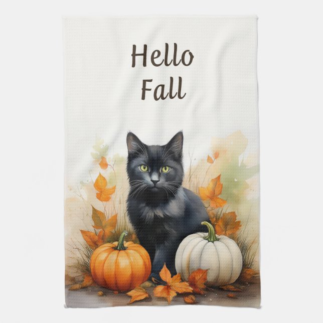 Hello Fall Black Cat Harvest Kitchen Toalla (Vertical)