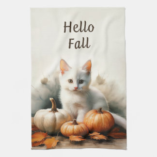 Hello Fall White Kitten Kitchel Toalla