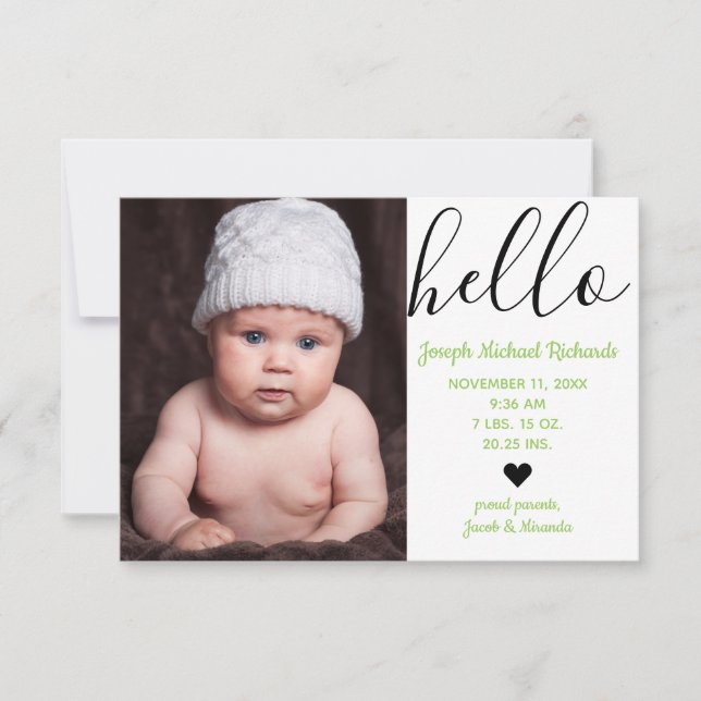 Hello Script Photo Green - 3x5 Nacimiento Anuncio (Anverso)
