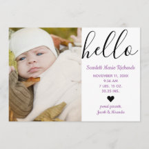 Hello Script Photo Purple - Anuncio de nacimiento