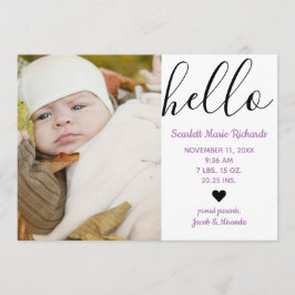 Hello Script Photo Purple - Anuncio de nacimiento