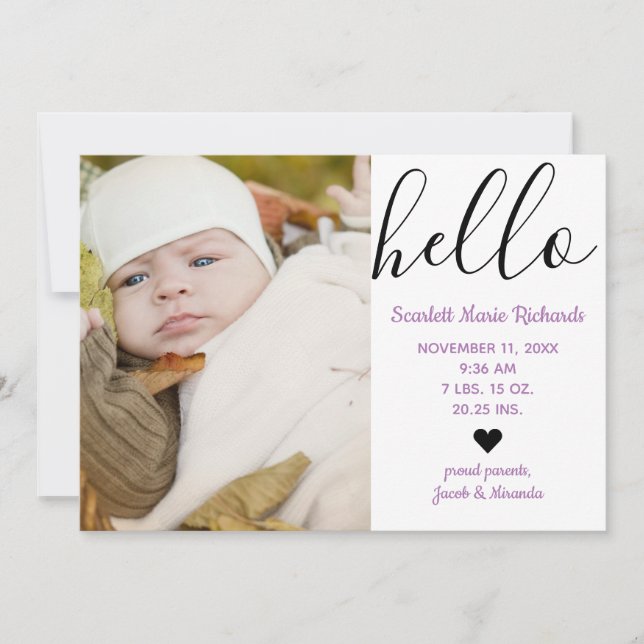 Hello Script Photo Purple - Anuncio de nacimiento (Anverso)