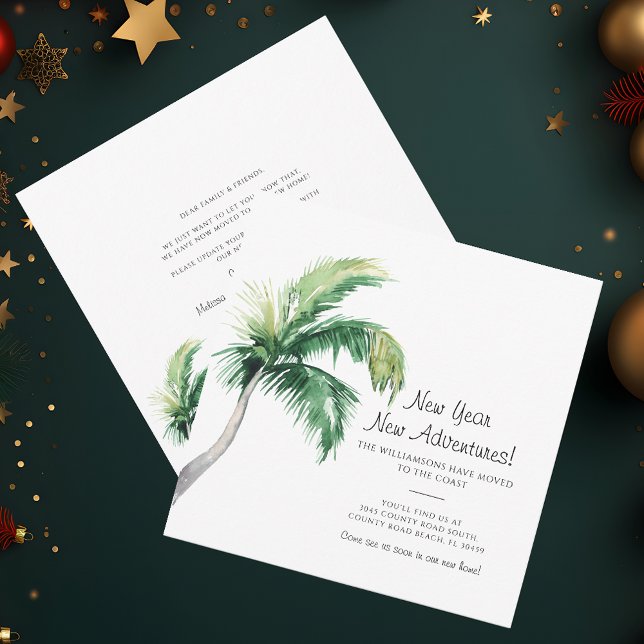 Hemos movido la Invitación de Año Nuevo (Christmas Holidays Family Moving Announcement Palm Tree Beach House)