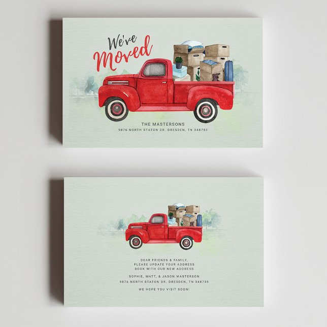 Hemos movido la Invitación de movimiento de acuare (Watercolor Red Truck Moving Announcement Mini Card)