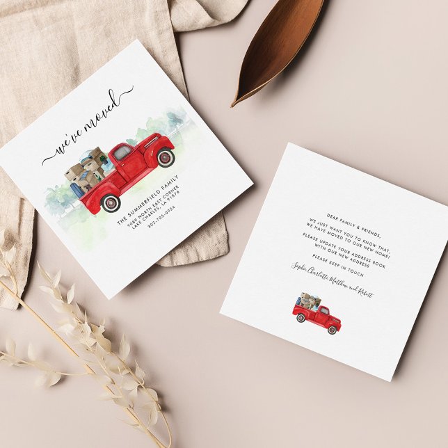 Hemos movido la Invitación de mudanza acuática fam (Moving Address Update Watercolor Red Truck Announcement)