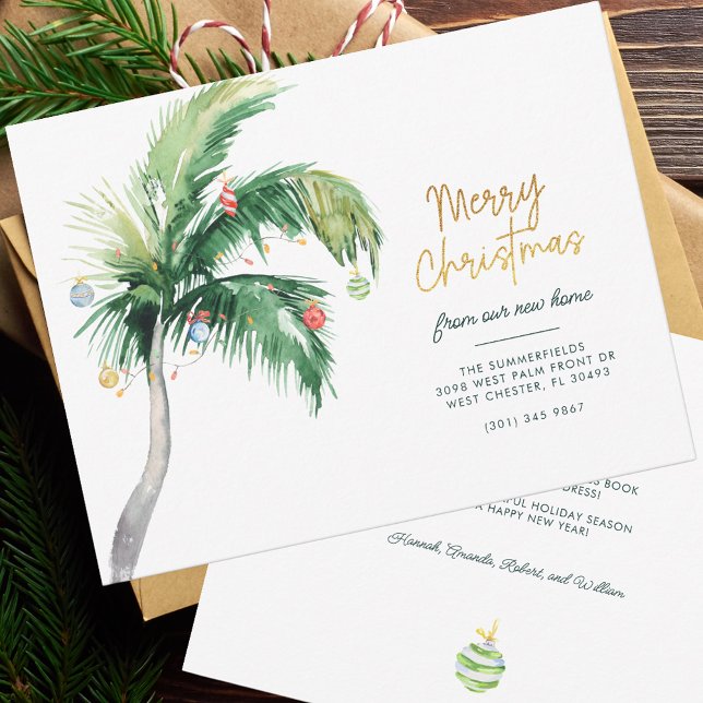 Hemos movido la Invitación en movimiento de vacaci (Christmas Moving Announcement Palm Tree Family Coastal New Home Address)
