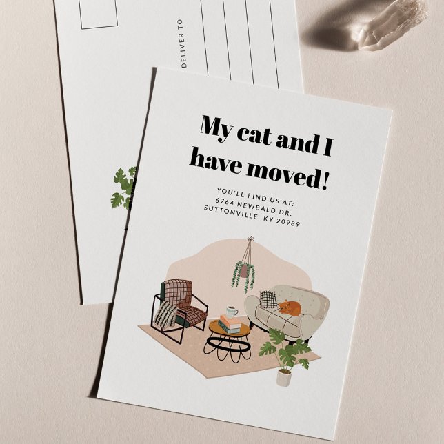 Hemos movido la nueva Invitación de movimiento de  (Boho Moving Announcement Postcard Cat and I Moved)