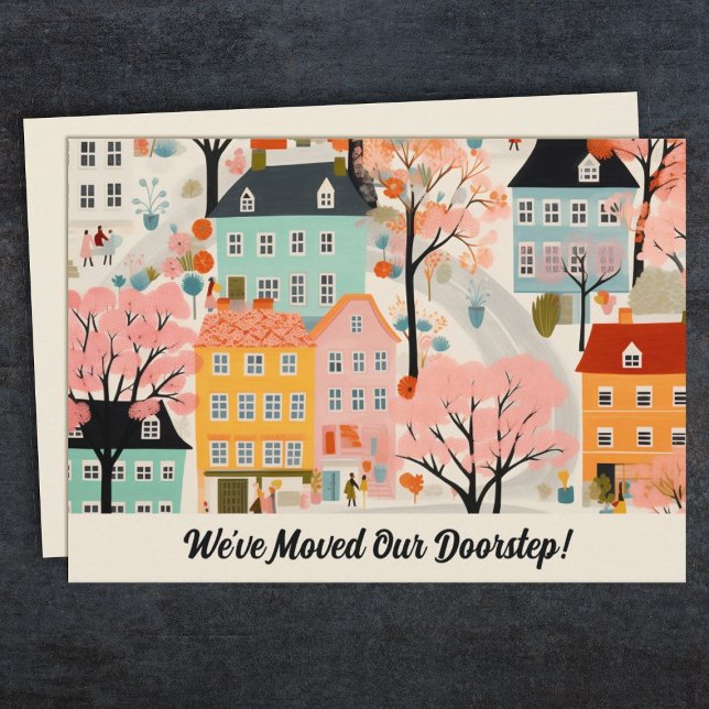 Hemos movido la nueva Invitación de movimiento de  (A fun moving/address change card with a modern illustration of a neighborhood.)
