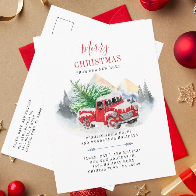 Hemos movido la tarjeta postal de Invitación móvil (Christmas Greetings red Truck in Snow Holiday Moving Announcement Greetings)