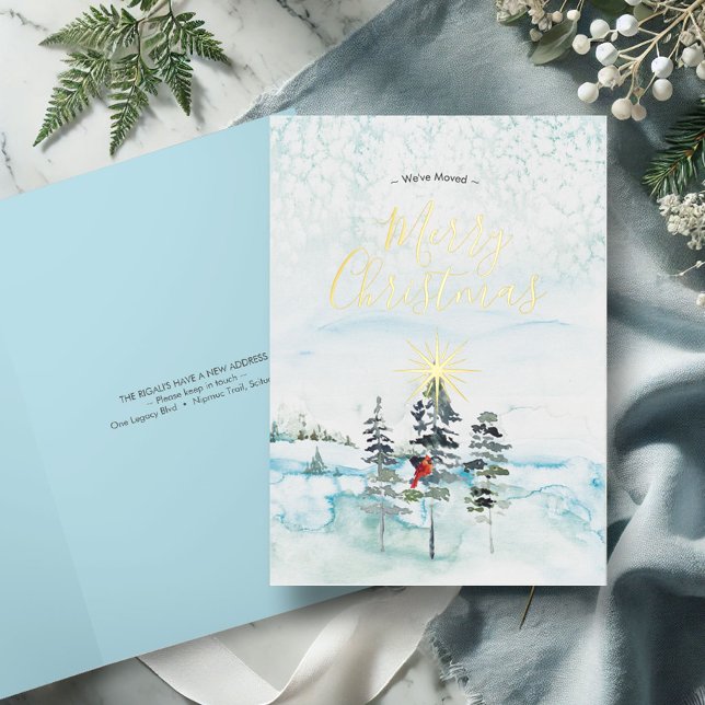 Hemos movido tarjetas de Navidades de acuarela (Merry Christmas cards watercolor pine trees and winter scene in shades of blue)