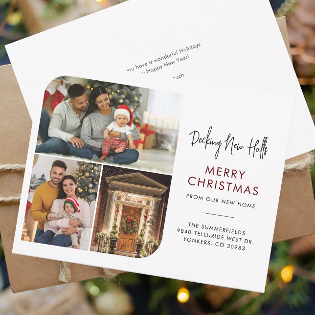 Hemos mudado Navidades de Collages de fotos famili (Christmas Family Photo Collage Moving Announcement Script Change of Address Card)