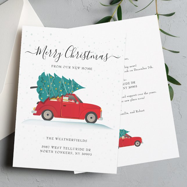 Hemos trasladado a Navidades de la familia de la I (Christmas Holiday Moving Announcement with Red Car and Christmas Tree)
