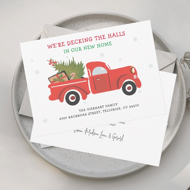 Hemos trasladado a Navidades de vacaciones Invitac (Decking New Halls Illustrated Truck Christmas Holidays Moving Announcement)