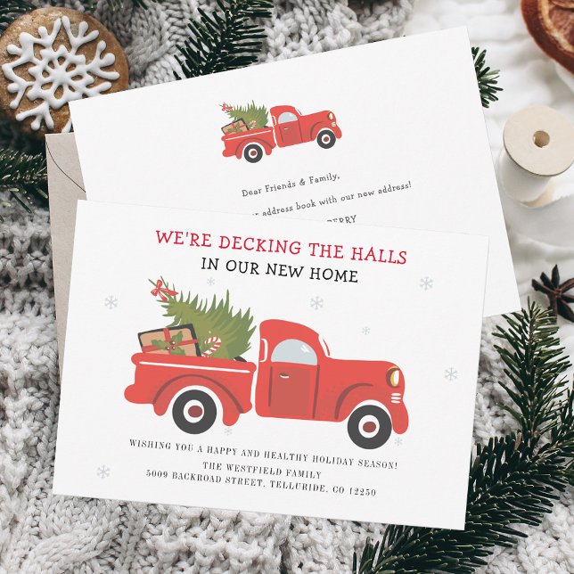 Hemos trasladado Invitación de mudanza de Navidade (Christmas Holidays Decking the Halls Red Truck Moving Announcement)
