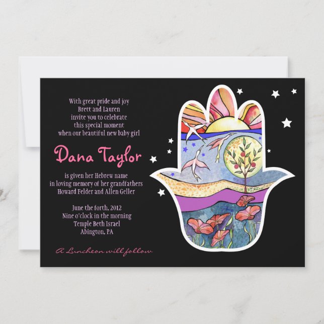 Hemsa Jewish Baby Naming Invitación Hebrea (Anverso)